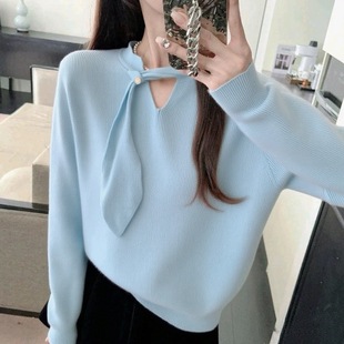 三股安迪绒飘带v领镂空毛衣女春秋内搭打底针织衫 独特别致上衣潮
