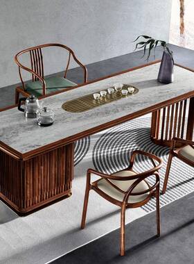 新中式茶桌椅组室桌合岩板黑胡桃木简约泡茶2用025新款CKF家办公