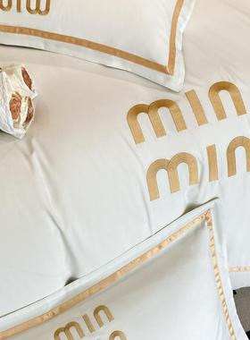 轻被奢SY风简约黑色字母刺绣洗棉床水上四件档套高床上用品柔软套