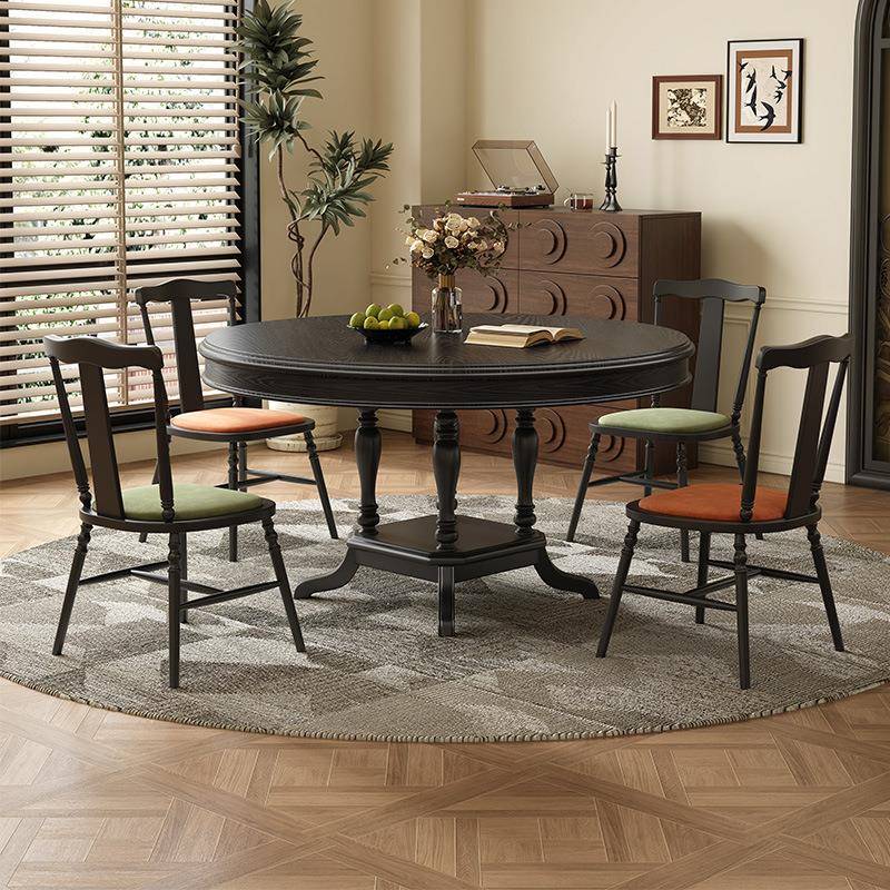 式实木餐桌椅组蜡YZ-703合形圆餐桌家用白木胡桃色中古美风饭桌小