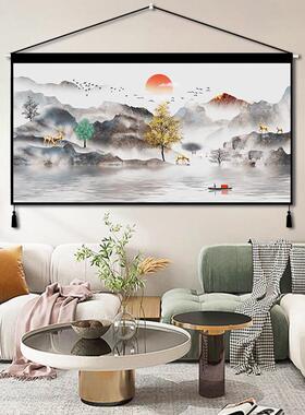 现打代简约发财鹿山水挂画孔画墙布背景挂布卧室房LUA间客免厅装