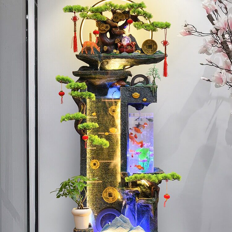 中式鱼缸流水摆件循环招财客厅玄关落地假山盆景喷泉时来运转景观
