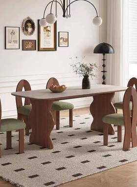 家用木小户型中古风DNL餐桌椅组合长形饭岩桌板圆桌实餐桌椅子一