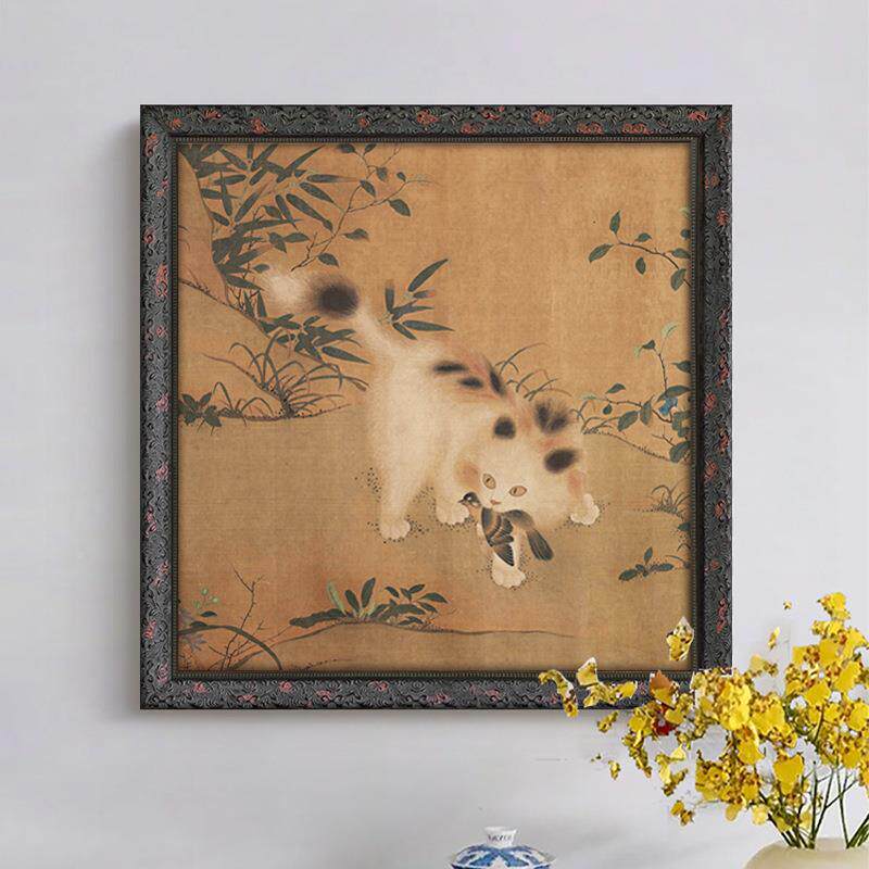 法咪式中古风装饰画新中式古名家嬉春餐代厅茶室挂YZ202404画图猫
