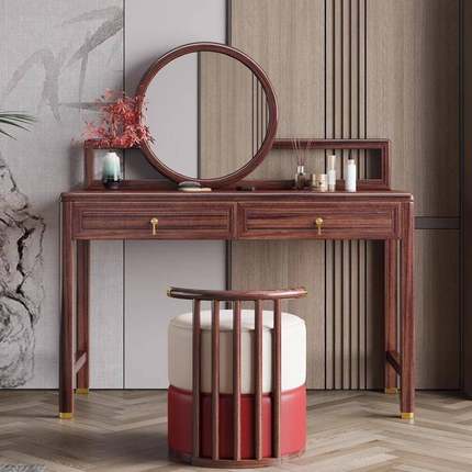 新中式金木实木梳妆台卧室小户型带镜现约代简收子纳乌一RTB体化