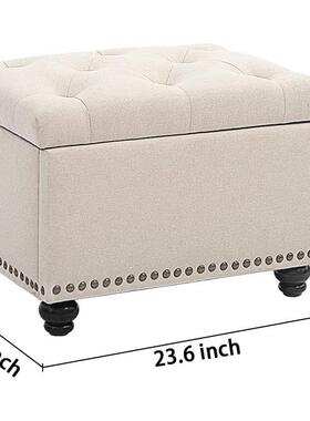 拆现代室存储储物凳卧，亚麻顶部泡61633软装垫沫垫矩形脚凳米色