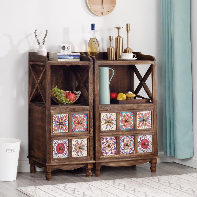 古N5复美式彩客多绘斗柜实木餐边复古彩色柜抽屉收纳储物柜厅书架