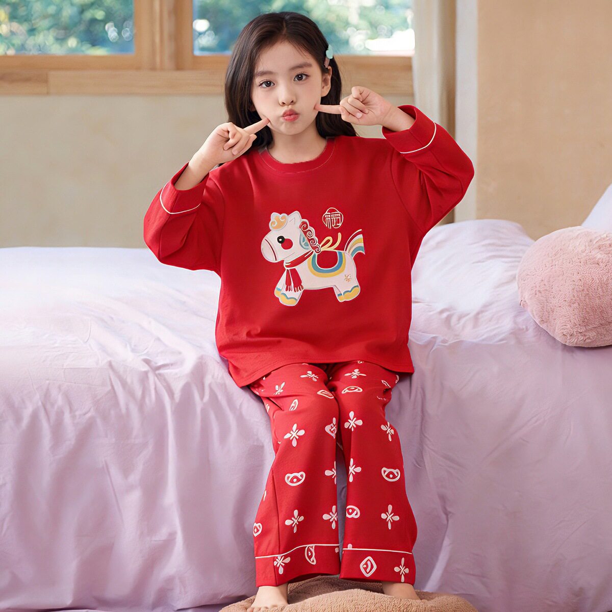 2026马年新款纯棉儿童长袖睡衣男女童通用春秋本命年红色睡衣套装