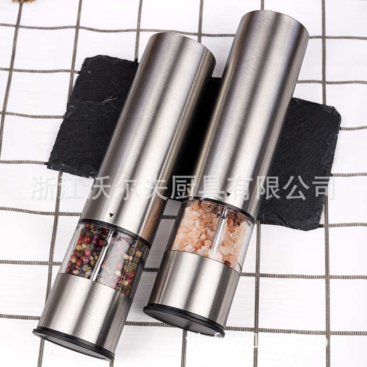 平头电动胡椒磨不锈钢胡椒研磨器银色架子套装调味罐调料瓶香料