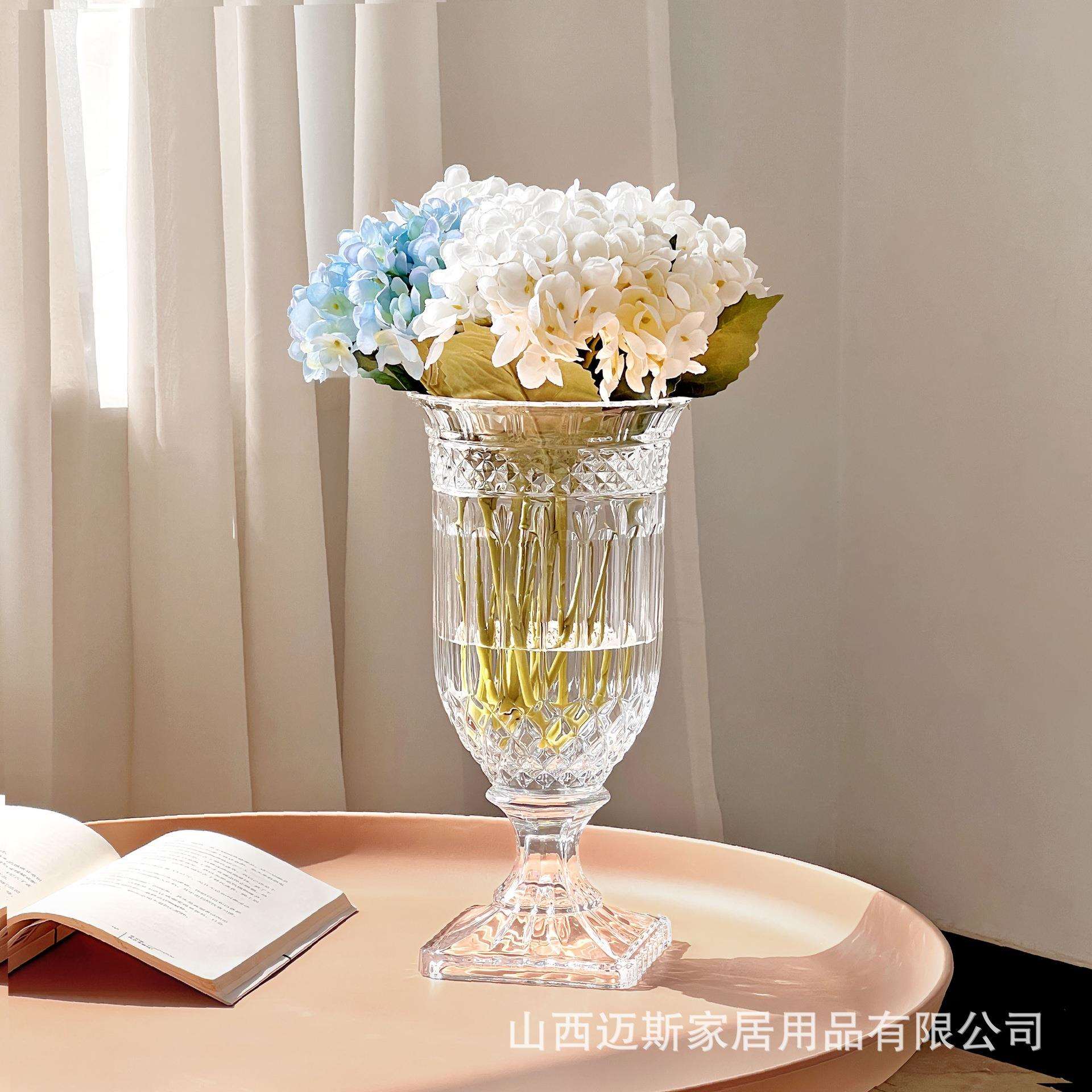 复古浮雕电镀透明玻璃花瓶高脚杯加厚大号水晶水养插花水晶装饰品