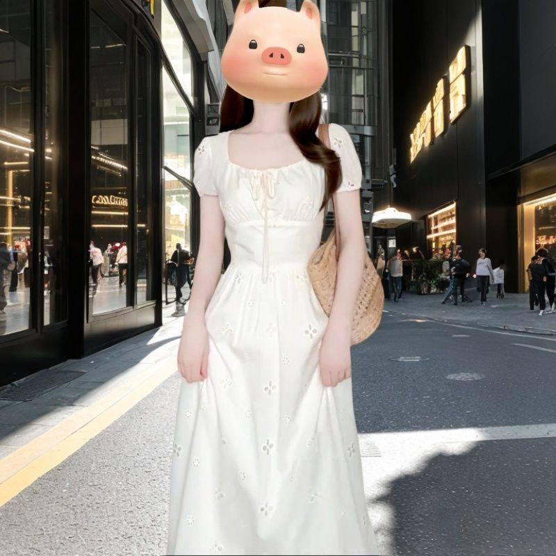 茶歇法式桔梗白色连衣裙子女夏季2025新款小个子收腰显瘦初恋长裙