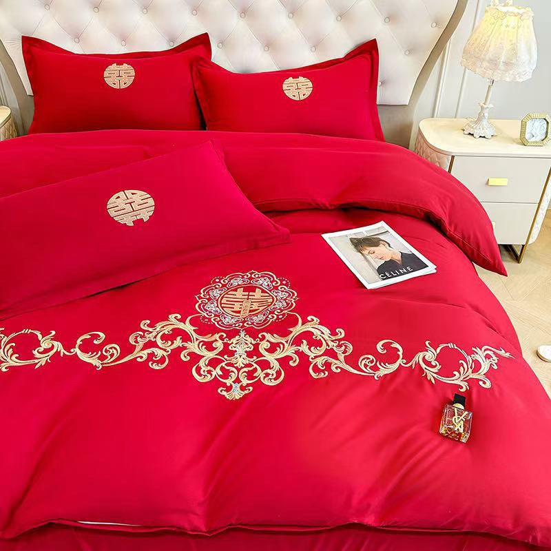 结婚高档龙凤刺绣婚庆四件套新婚红色床单床上用品被套纯色陪嫁