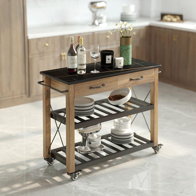 0美式A推厨房中岛F768MMS7台家用小车复古餐边柜放式移动操开作台