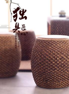 藤编凳意PFS12146圆凳手新工草编坐墩矮沙发茶几凳子家用客厅实木