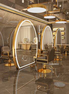 大圆镜理发店剪面发烫发染镜子ledF87T9MM8灯单双落地美镜发台廊