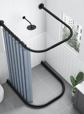 浴帘套装免孔弧形打u室BTZ型仿浴帘杆防水浴隔断帘淋浴房亚麻加厚