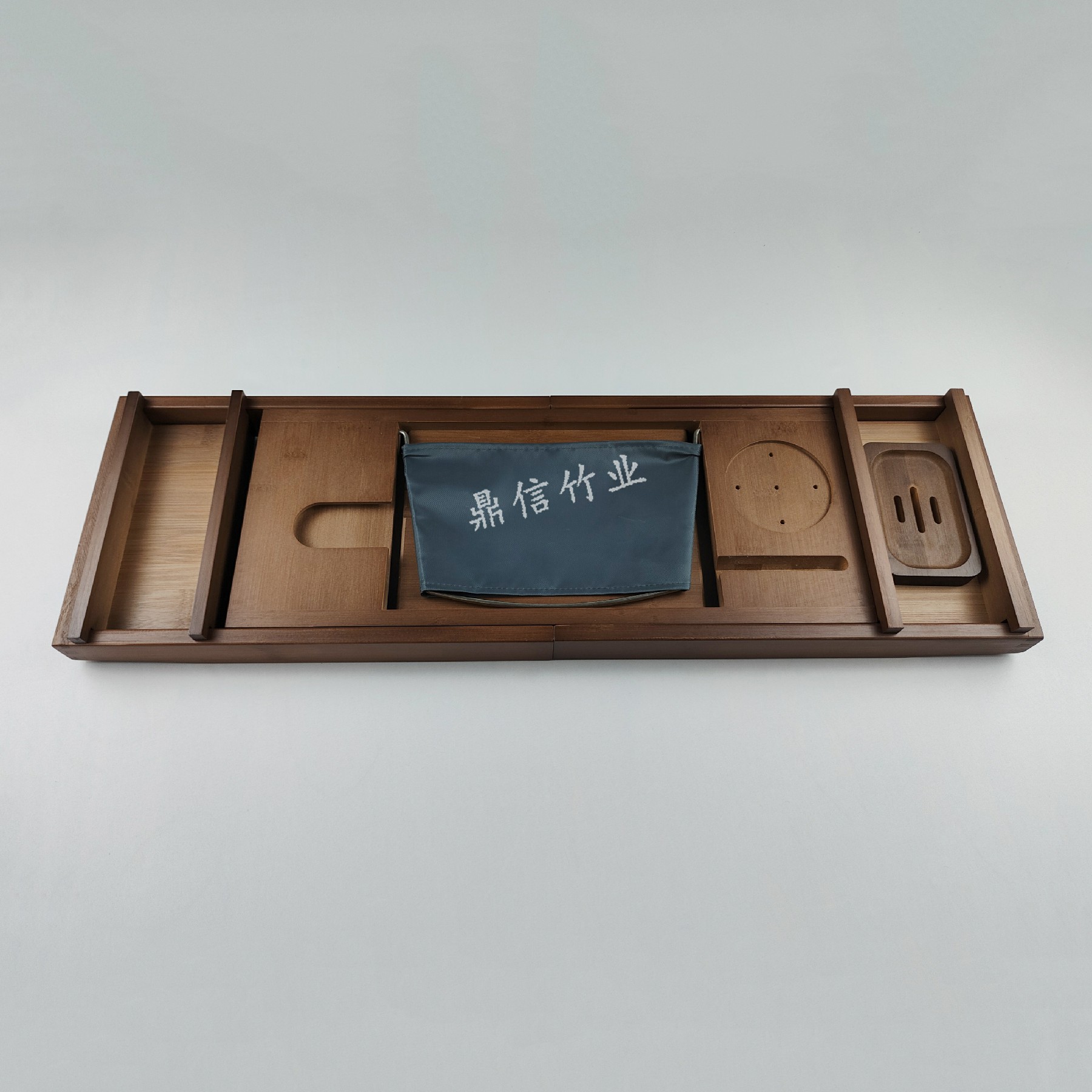 竹制伸缩浴缸收纳架带毛巾盒