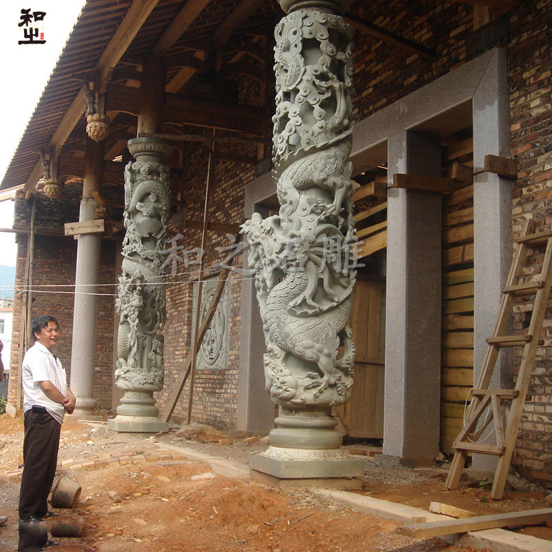 寺院祠堂花岗岩石雕龙柱手工雕刻