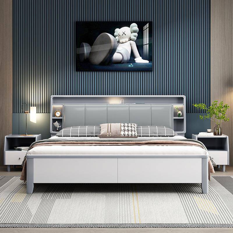 储白色实木床物现代简约F04#1.8米双人床充电能主卧多功置物靠床