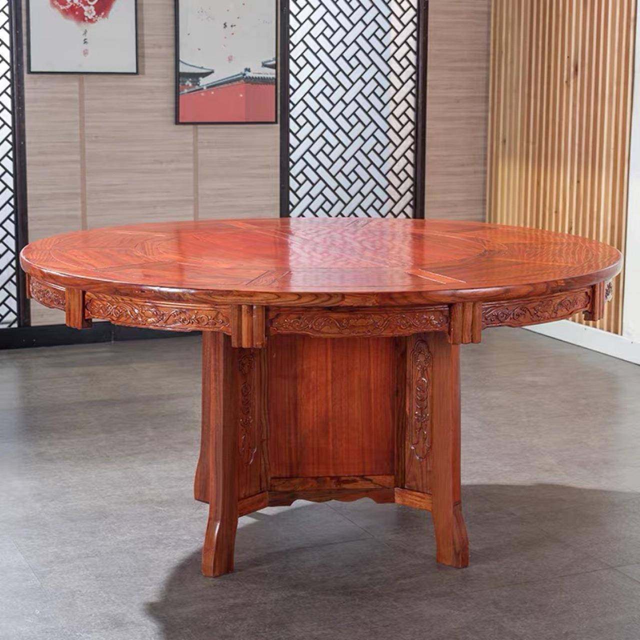 实木古花家用饭酒店仿雕大圆桌带转盘明011清古典多桌尺寸餐桌椅