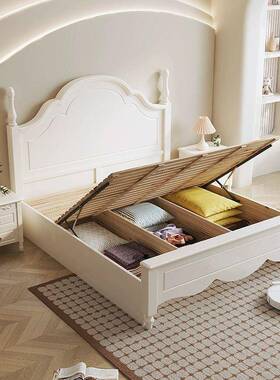 式白色木床现代实简约1.米复古双人主卧18818#.5高箱储物公主女法