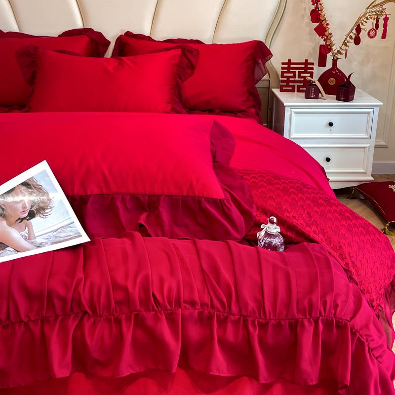 式婚庆四件套大红色陪床备单F8S5885被套纯棉法结婚床嫁上用品婚