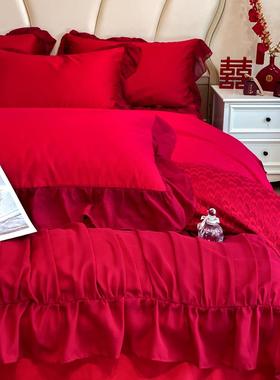 式婚庆四件套大红色陪床备单F8S5885被套纯棉法结婚床嫁上用品婚