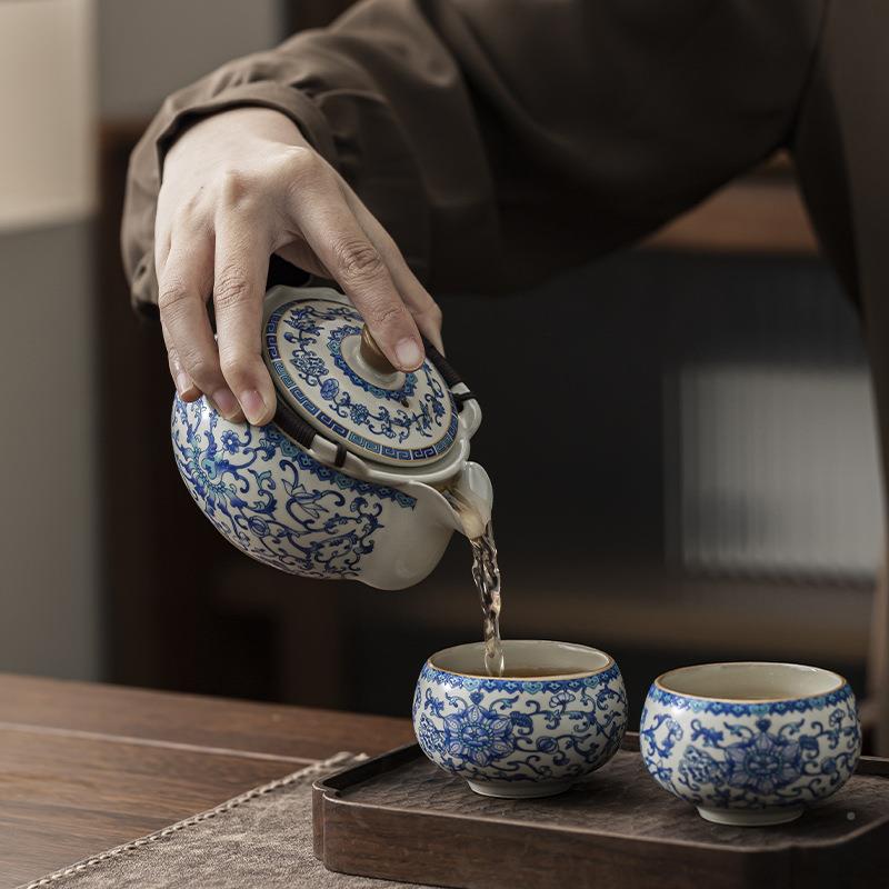 汝窑茶套装家用轻奢高档具泡225新0款盖碗手抓壶青花功夫喝JS功夫