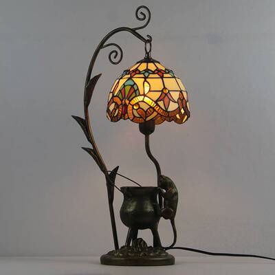 创意小老鼠上灯台复古树脂底座彩色玻璃花型灯罩卧室床头装饰台灯