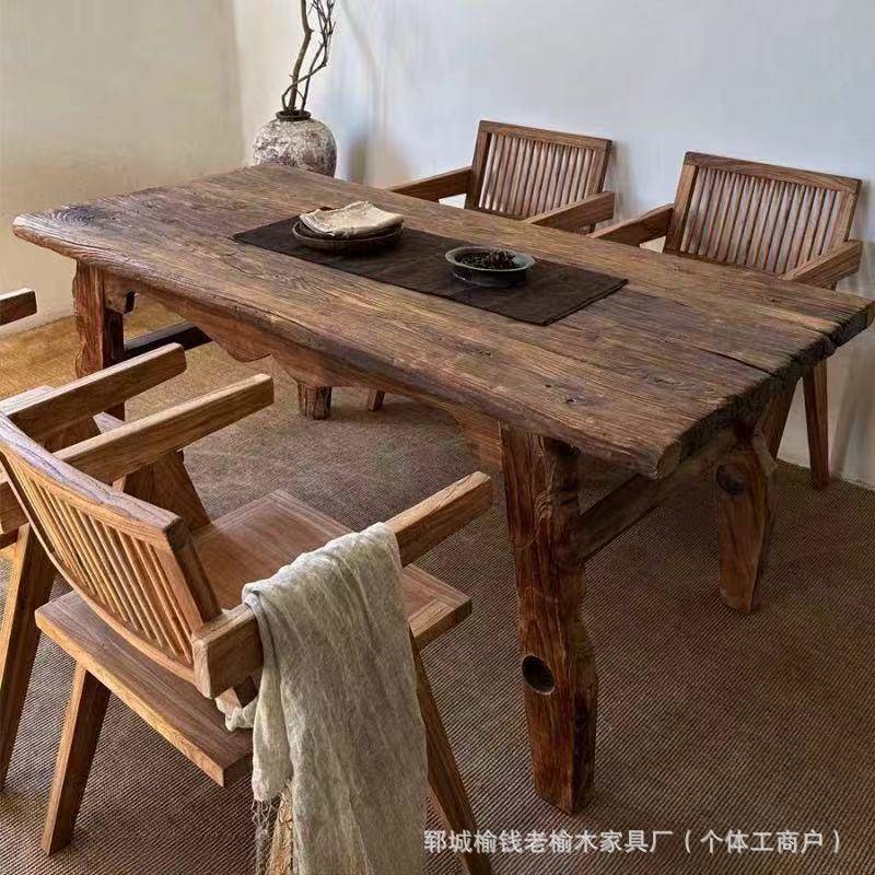 老榆木餐桌椅组合家用长化风茶桌老板条桌民宿茶门MZM台实木办公