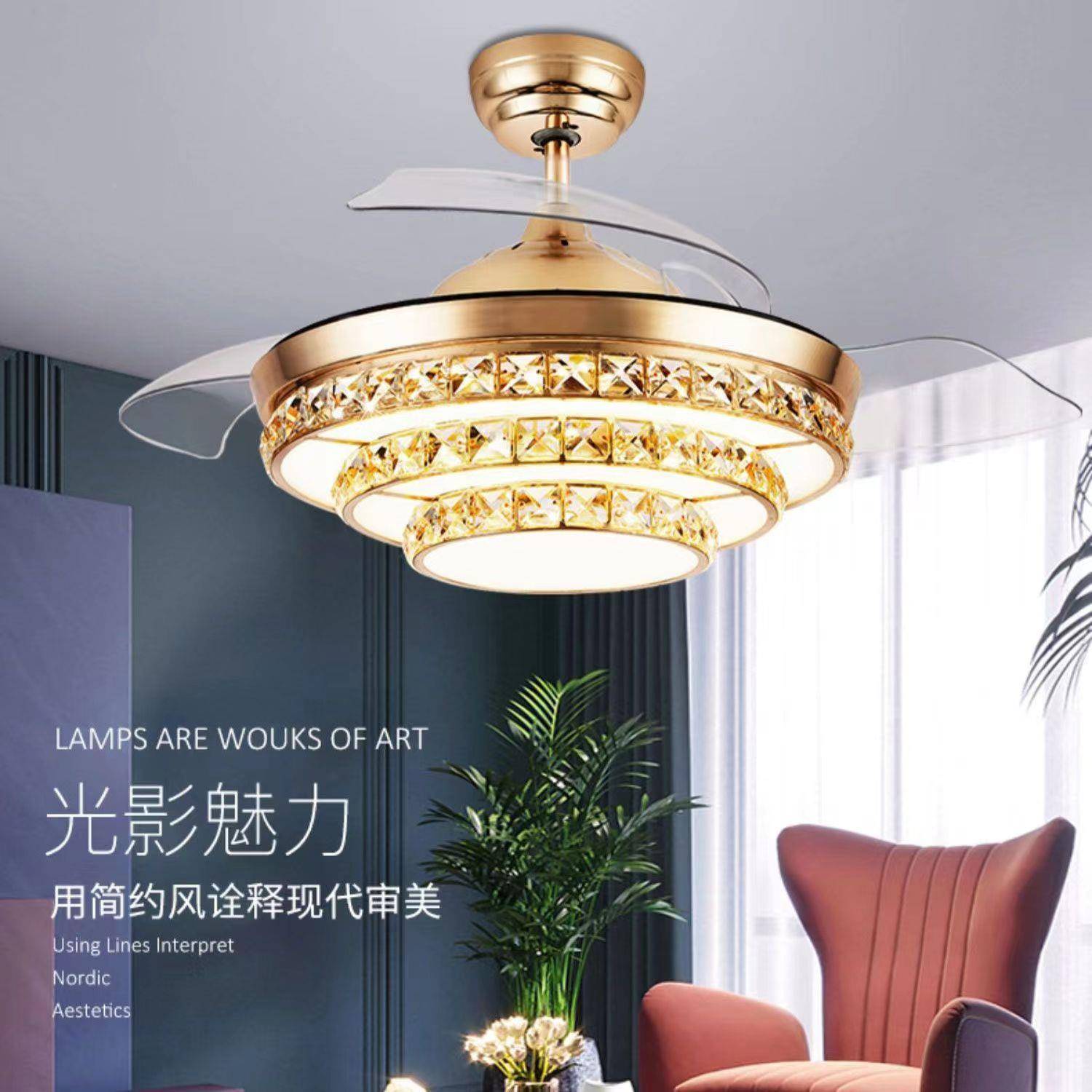 欧跨式隐15形水晶风扇灯客厅吸一体吊扇水晶灯顶装中山家灯饰境