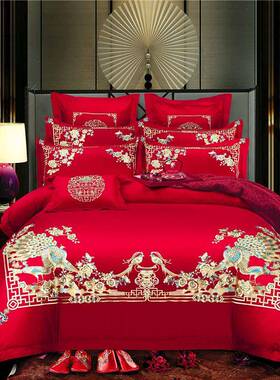 120支绣婚床上红VYS88色四大件套全棉纯棉庆结婚红刺六件套婚床绣