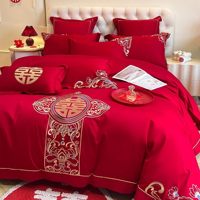 中式龙凤刺绣大红色婚庆四件套新婚陪嫁棉六件床单被套床上用品