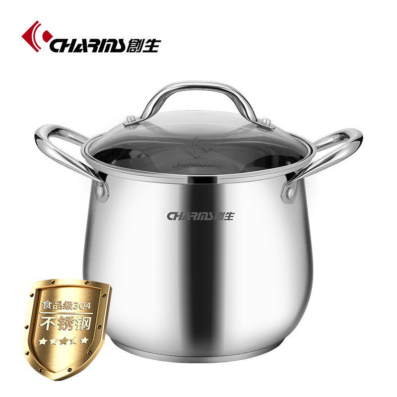 创生 304不锈钢双耳高炖汤锅 加厚大容量三层复底汤煲锅奶锅 跨境