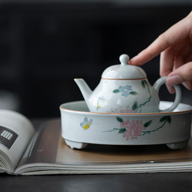 仿古青绘三壶承手工瓷干足泡盘茶台壶手托盘茶点DRQ盘果陶盘