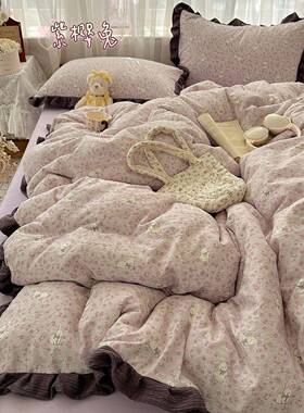 类纯棉四件套床上用品A皱宿皱纱碎花床床笠单双人舍学单ACY生三件