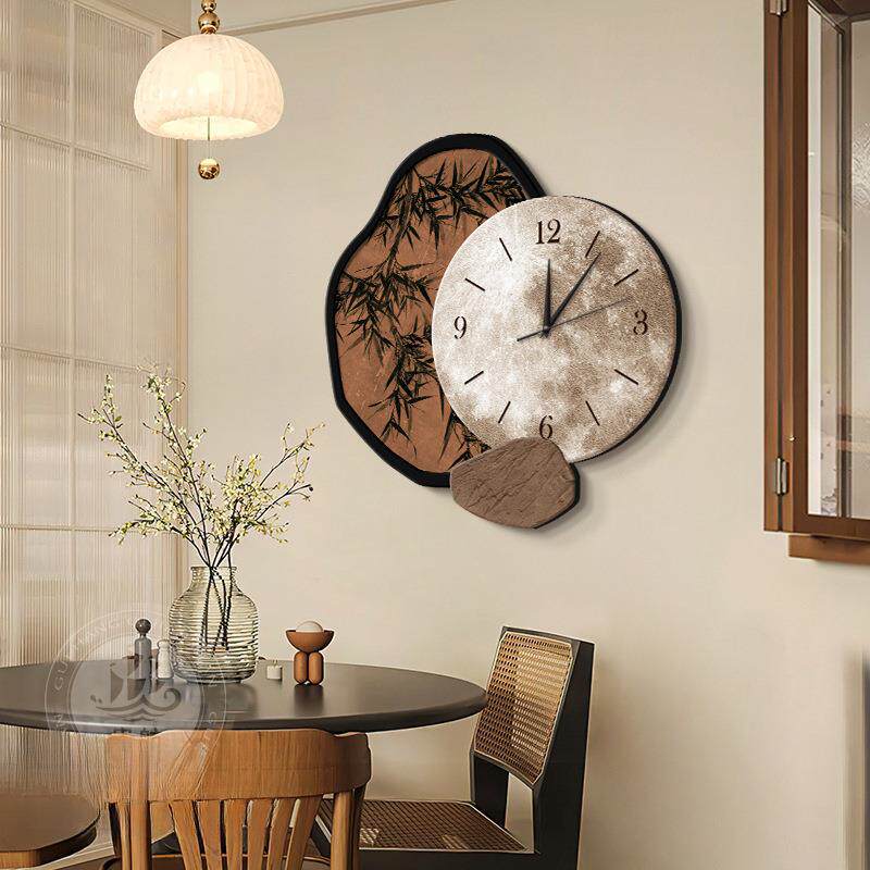 中古风墨竹客厅钟式装饰画新中钟复表挂画古餐桌灯壁画624376家挂