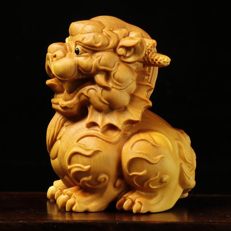 黄杨雕麒麟件木质雕刻瑞MIJ木兽摆件手工艺把品中式家居饰品