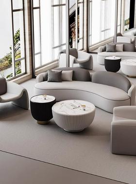 简约奢息区计科技布沙发设师款创意ACI弧轻休形接待会客沙发茶几