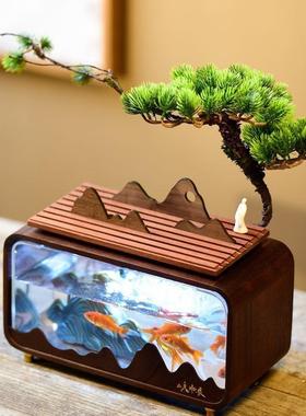 小流水摆件黑胡桃客QWI实木型迷你面鱼缸生态超白家桌用办公厅金