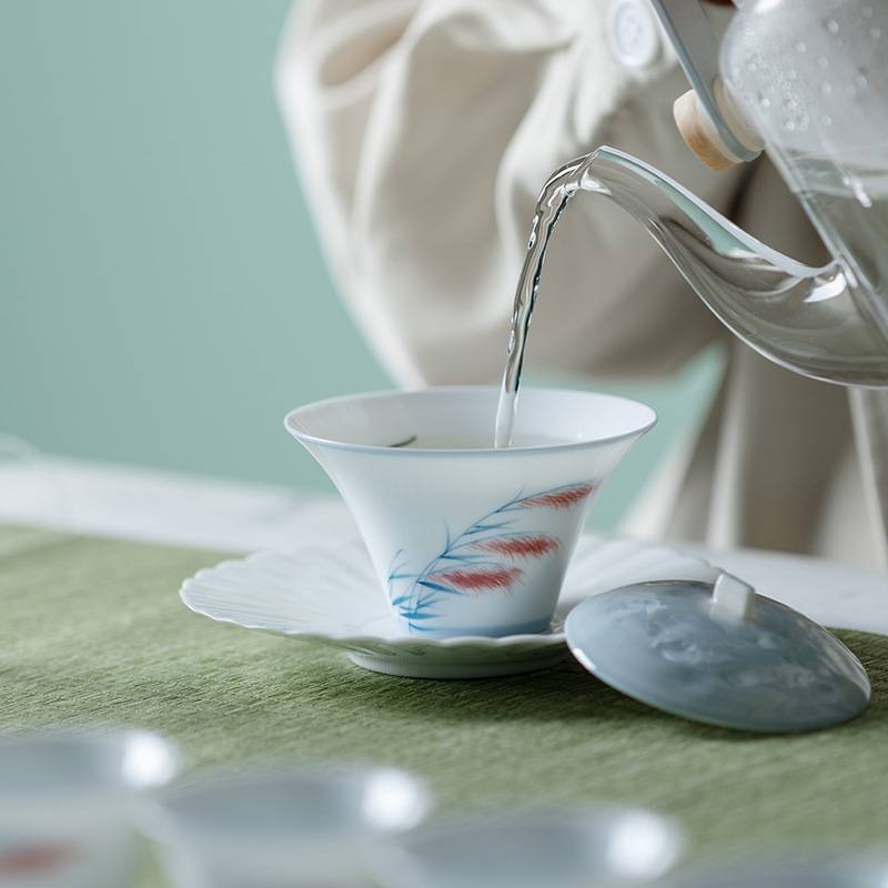 玉瓷纯手绘芦苇荡壶承家用干泡台陶瓷茶点盘盖碗茶承茶壶垫功夫