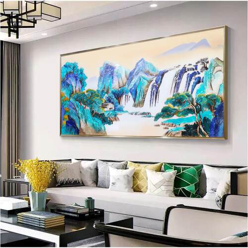 高端珐琅彩客厅装饰画新中式手工立体山水挂画别墅沙发背景墙壁画