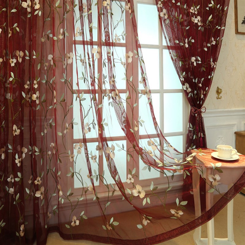 田园风格新婚 喜庆婚房大红刺绣牡丹花纱帘 客厅卧室窗纱