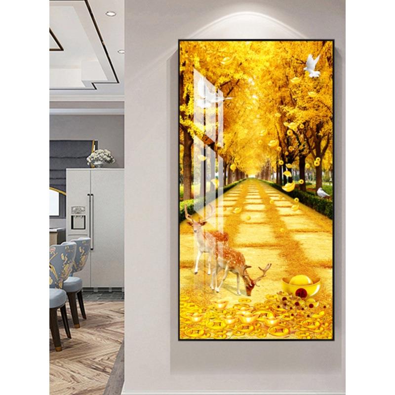 道招财进宝玄关装饰GT画轻奢大气钱走树廊过摇墙画客厅进门带灯挂