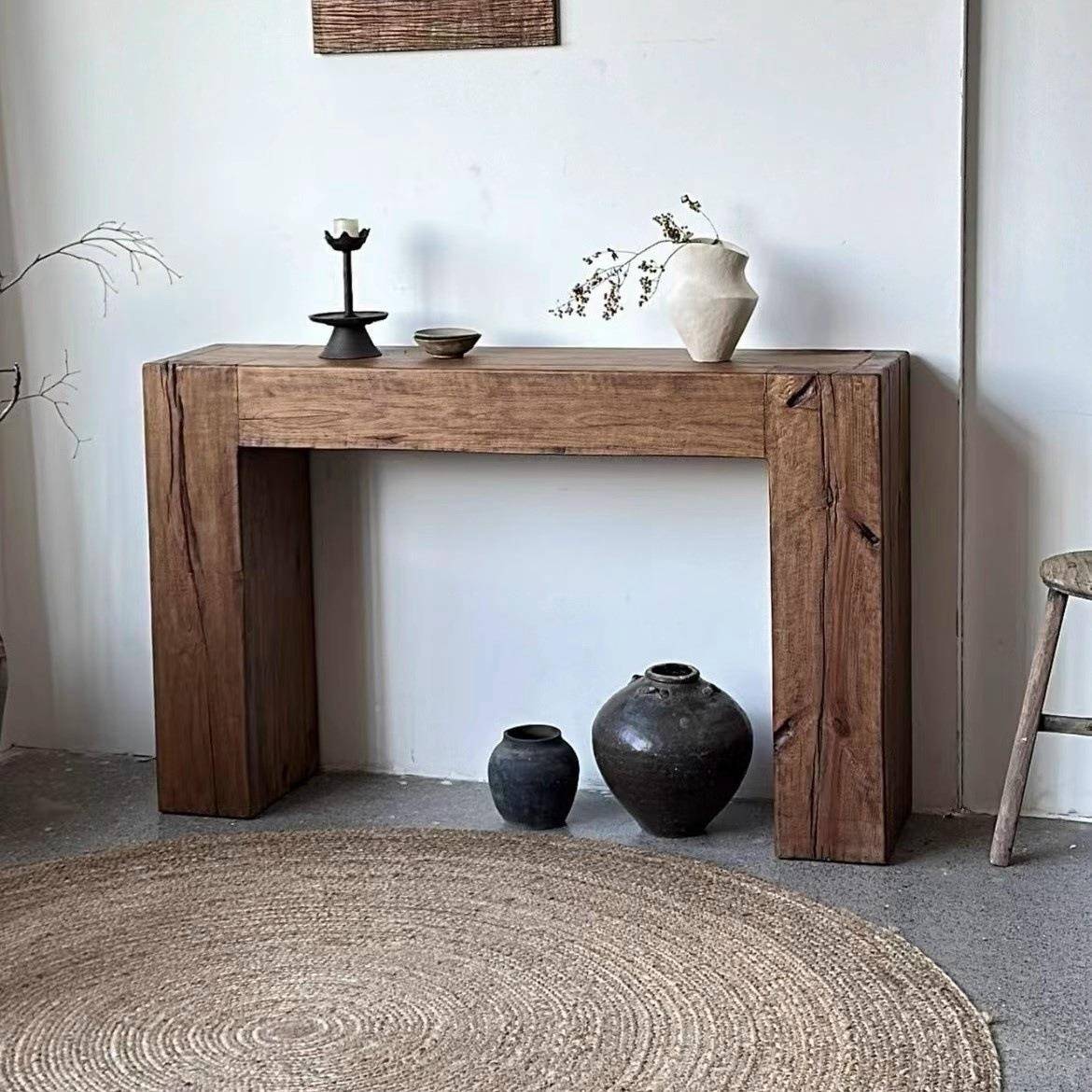 美式原木玄关桌复古做饰旧实木靠墙装展示长桌玄GWG案关台条民客