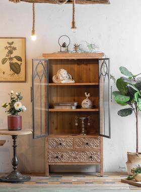 美式复古实木书柜靠墙纳书璃架玻门展示柜带门原色FJQ防尘客厅收