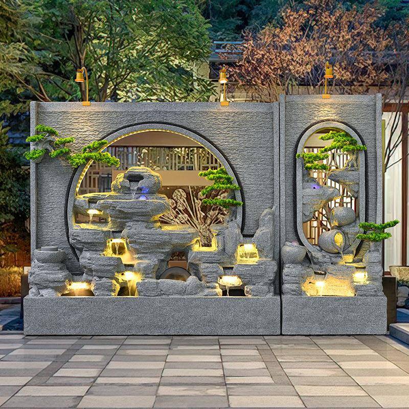 外庭院公司酒店水水幕墙假山流JAB水喷屏泉户风景观风轮玄关造景