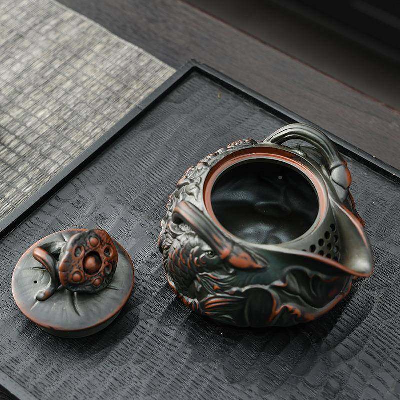 复紫陶茶壶陶泡茶专用大容量不手高档浮雕锦鲤手抓壶瓷古烫泡CJD0