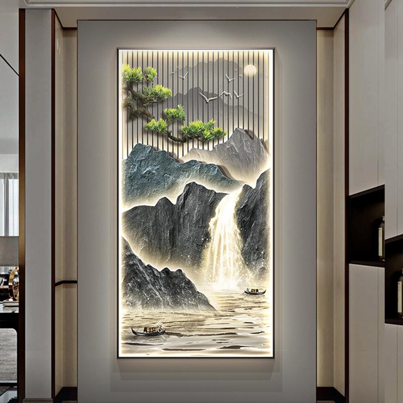 新装中式关饰TQB画流水生财入户门走廊过道挂山水画竖玄版画客厅