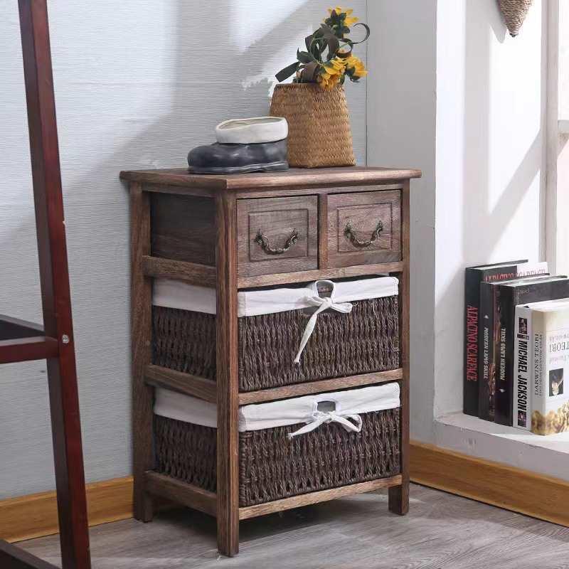 美式复古藤编收纳柜实木斗柜1400缝夹抽头屉柜储物床柜边角柜柜置
